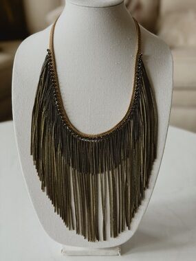 Anthropologie Chain Fringe Necklace Long Boho Statement Festival Gold Tone